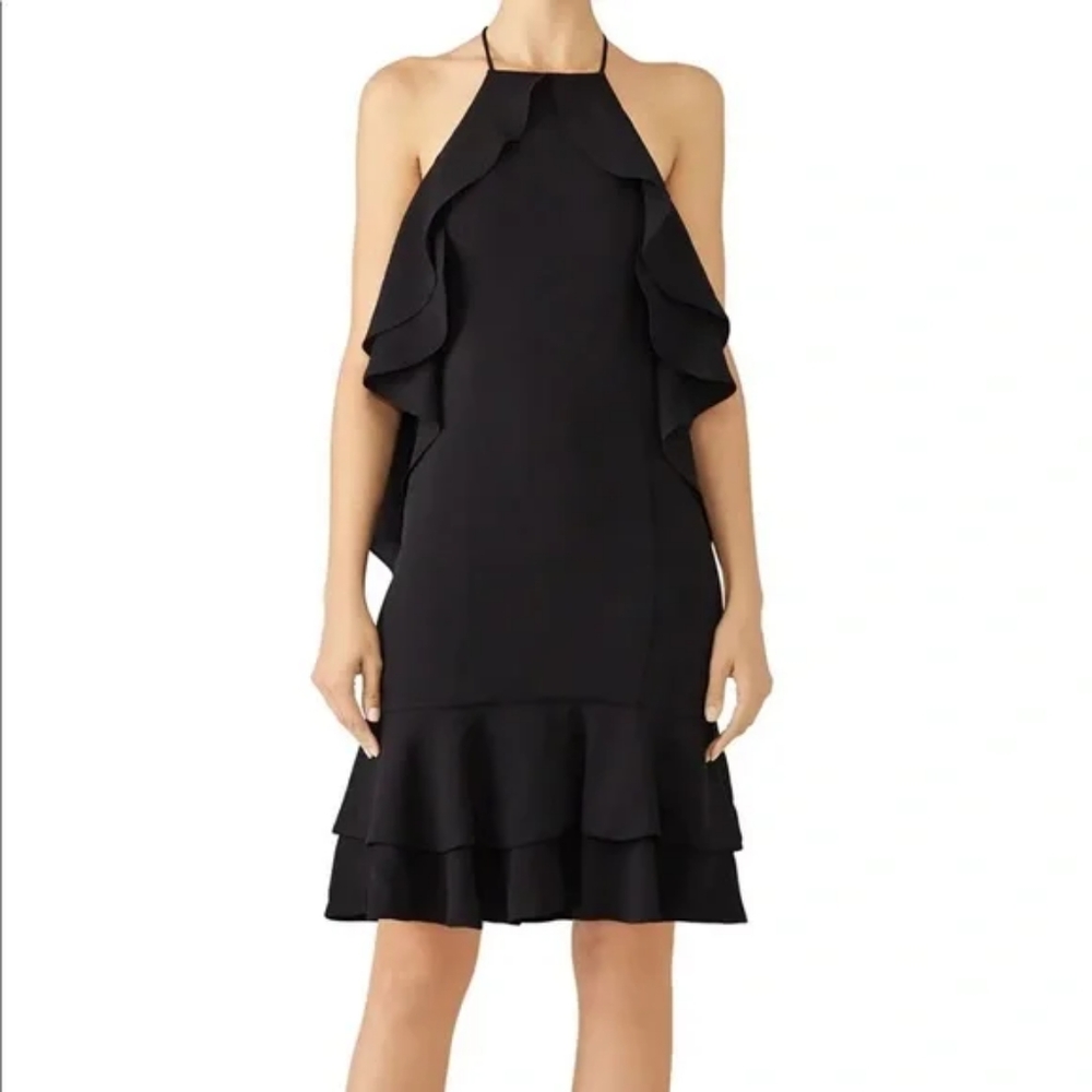 Fame and Partners Margaux Halter Ruffle Sheath Dress in Black Size 6